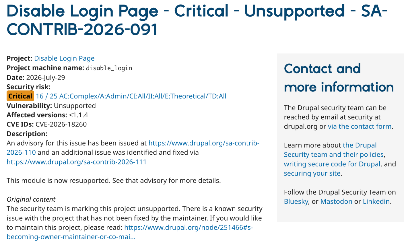 Disable Login PageのセキュリティアドバイザリーSA-CONTRIB-2026-091