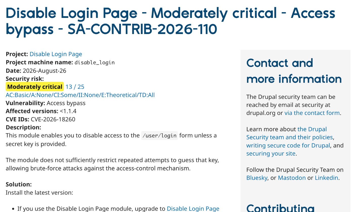 Disable Login PageのセキュリティアドバイザリーSA-CONTRIB-2026-110