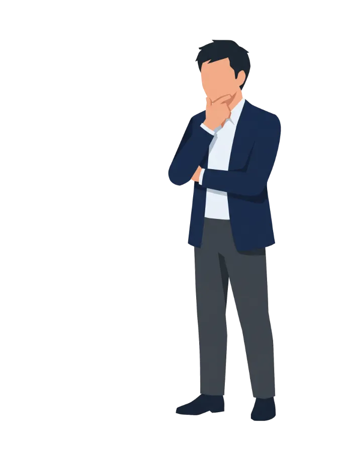 腕を組み、あごに手を当てて考え込むスーツ姿の男性のイラスト